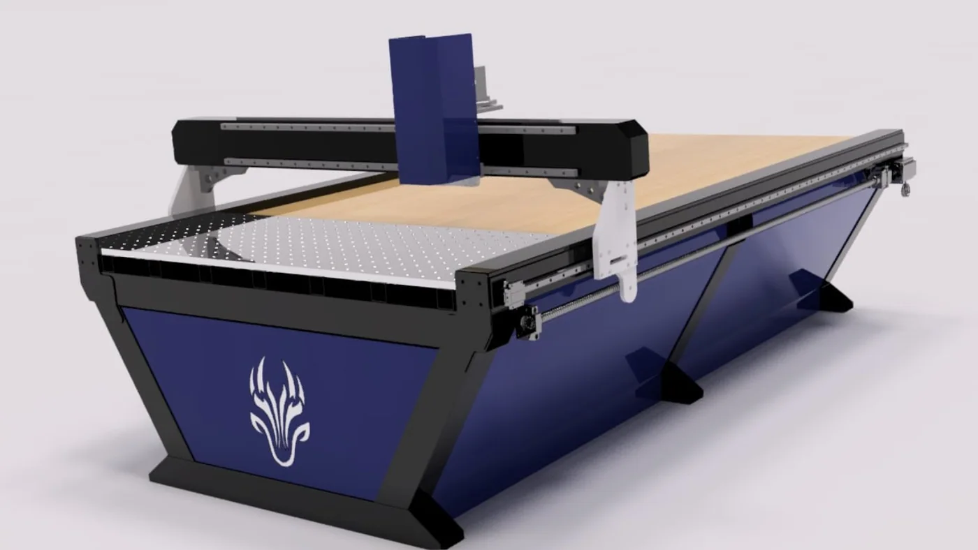 Rendu d’une table CNC bleue avec gantry