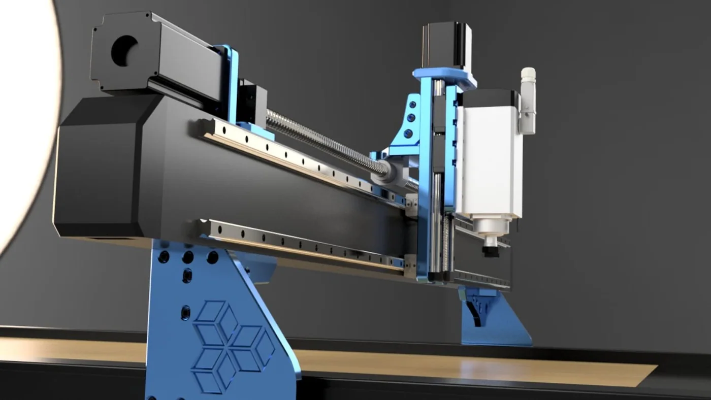 Rendu rapproché d’un gantry bleu et noir
