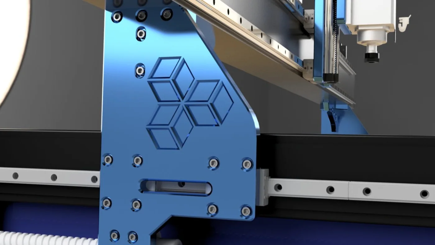 Détail bleu d’un système d’axe Z et de ses fixations